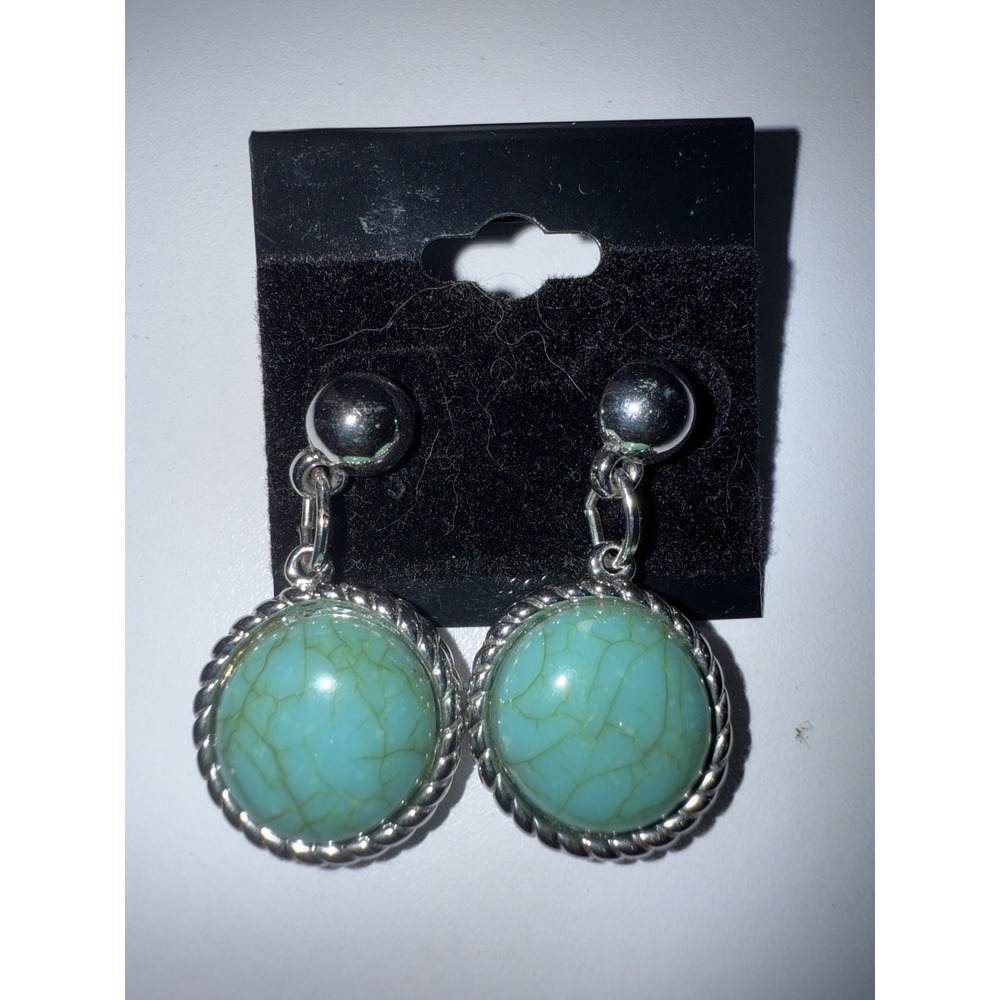 Chico's Faux Turquoise & Green Stone Silver Twist Drop Dangle Earrings Western